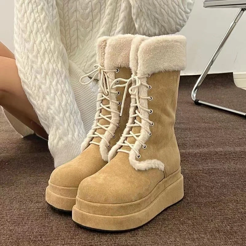 雪地靴女厚底防滑加绒保暖系带中筒靴24冬季新款外穿时尚百搭棉鞋