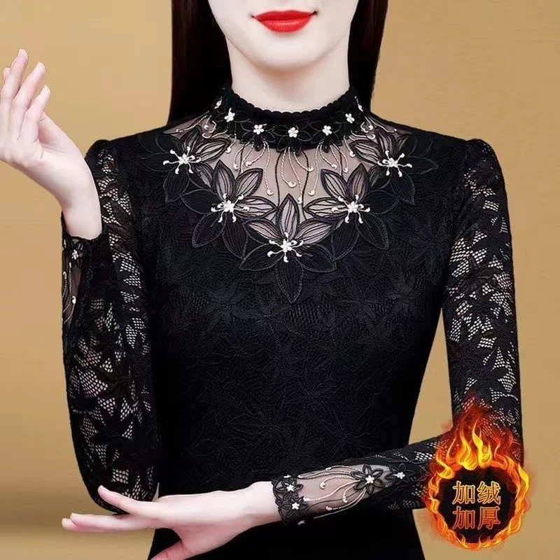 蕾丝打底衫女2025秋季新款内搭小衫时尚镂空洋气绣花遮肚显瘦上衣