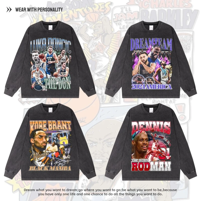 篮球球星美式长袖t恤复古做旧重磅库里罗斯科比罗德曼梦之队球衣