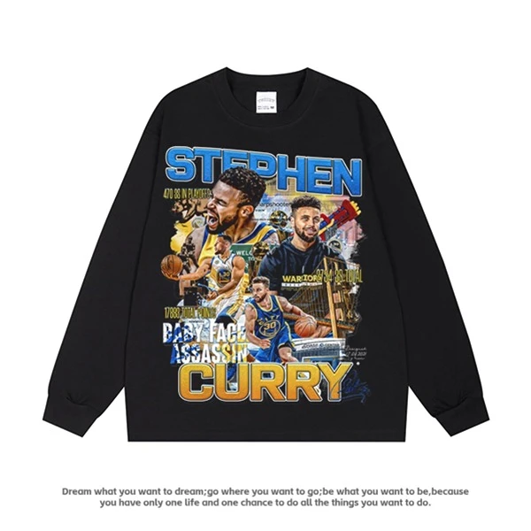 Stephen·Curry库里印花复古美式小领口宽松勇士重磅长短袖男女T恤