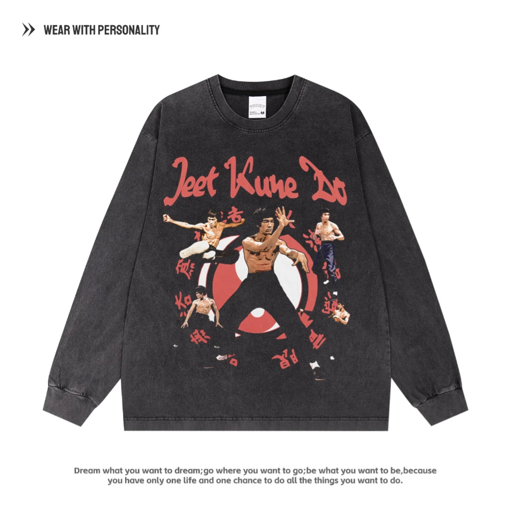 李小龙Bruce周边潮流纯棉长短袖oversize宽松小领口复古美式卫衣