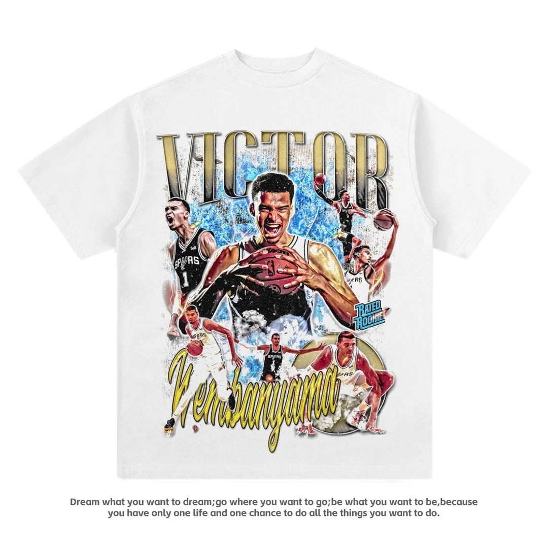 文班亚马Wemby 印花篮球美式复古短袖vtg水洗圆领宽松重磅休闲T恤