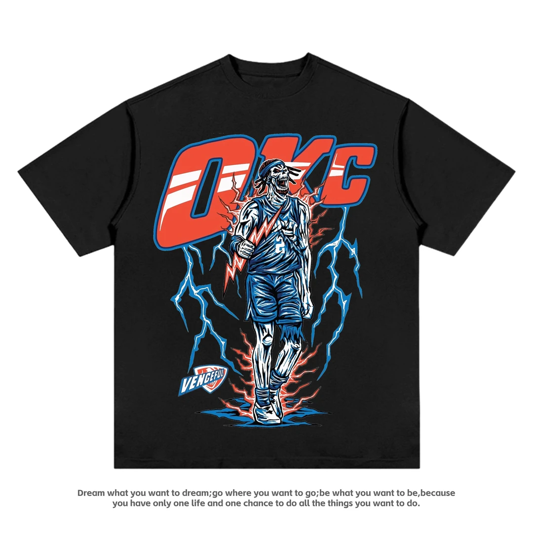 美式骷髅重磅纯棉短袖雷霆队亚历山大vintage 篮球运动宽松T恤男