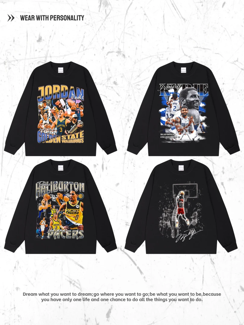 亚历山大Tatum爱德华兹VTG印花纯棉球星美式复古做旧重磅打底长袖