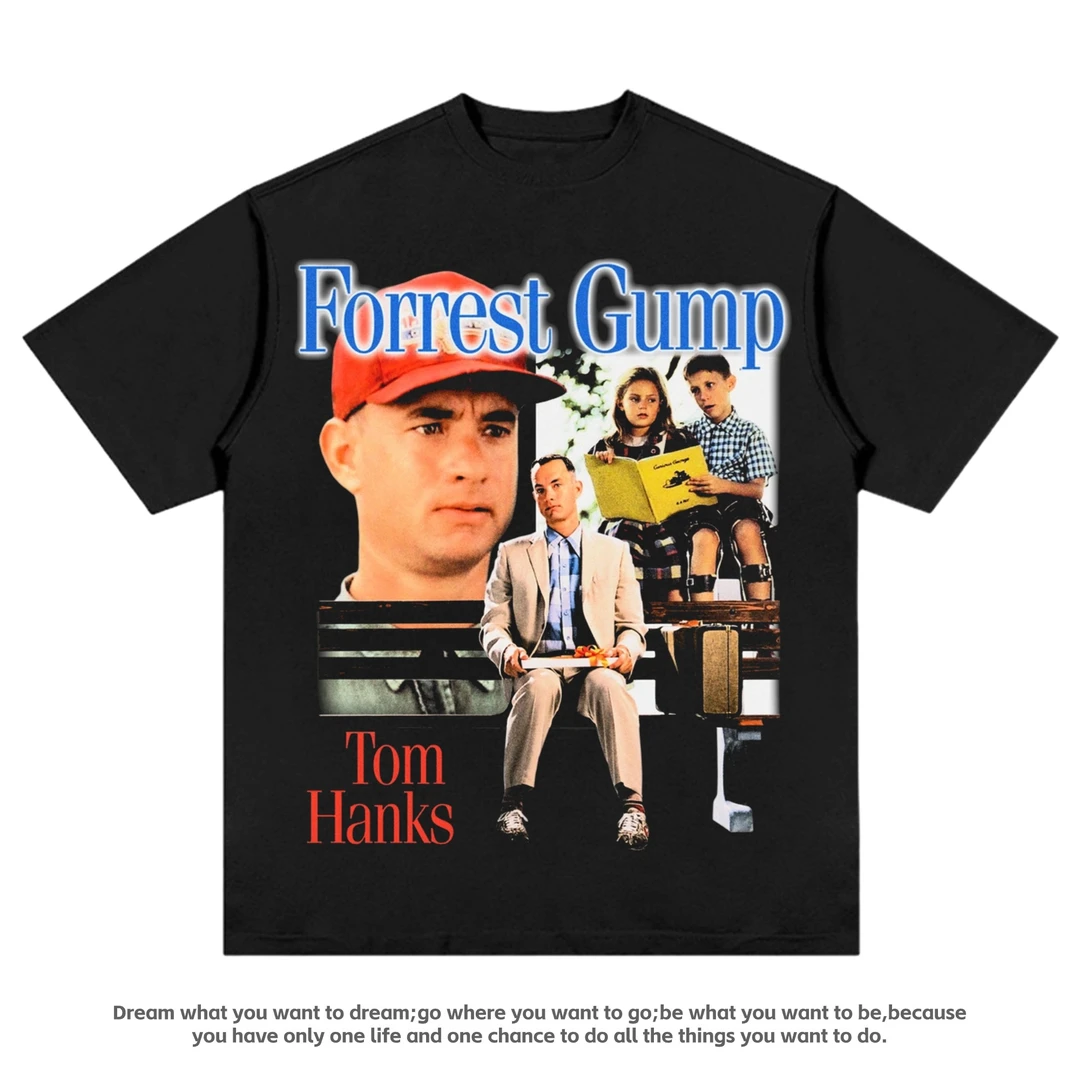电影《阿甘正传》汤姆·汉克斯休闲短袖美式宽松复古重磅纯棉男女T恤
