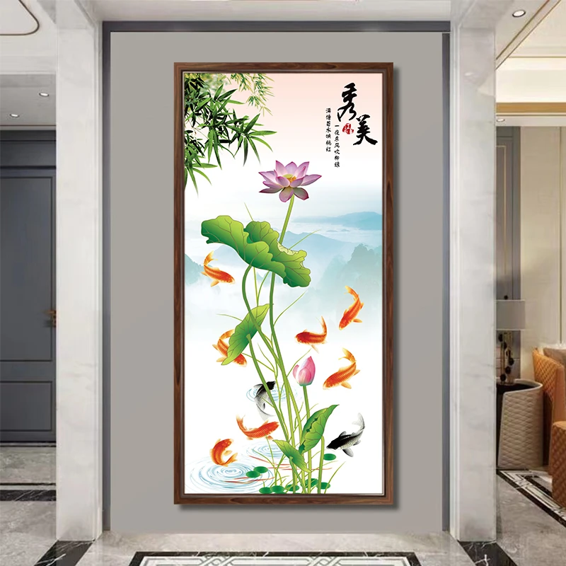 荷花九鱼客厅办公室茶室雅室背景墙高档大气有档次