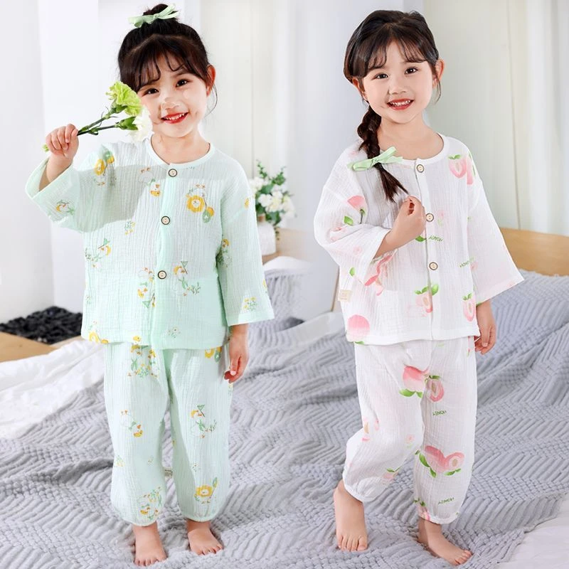 夏季高档儿童纯棉纱布睡衣女童男童宝宝家居服空调服套装透气A类
