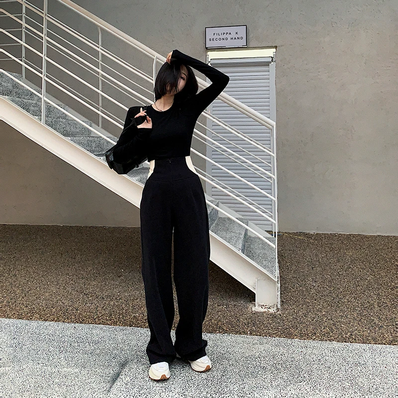十三粥私服 里昂冬日 高腰显瘦加绒保暖卫裤女设计感撞色休闲裤