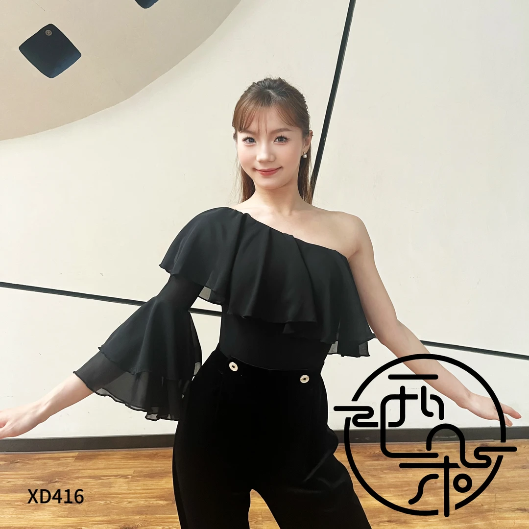 西朵舞服摩登舞飘袖斜肩上衣练功服新品XD416