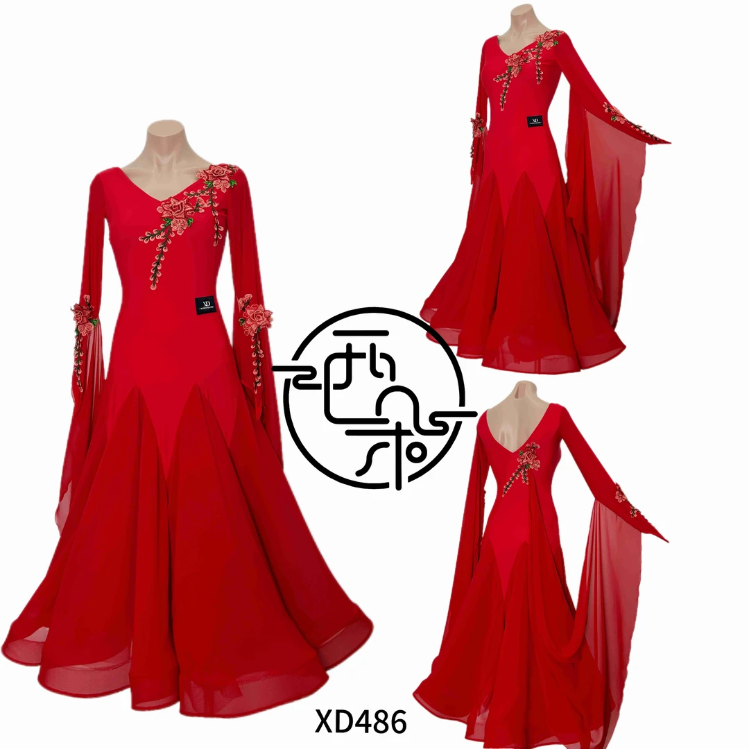 西朵舞服刺绣花朵大飘修身优雅摩登舞大裙摆表演裙团体服XD486