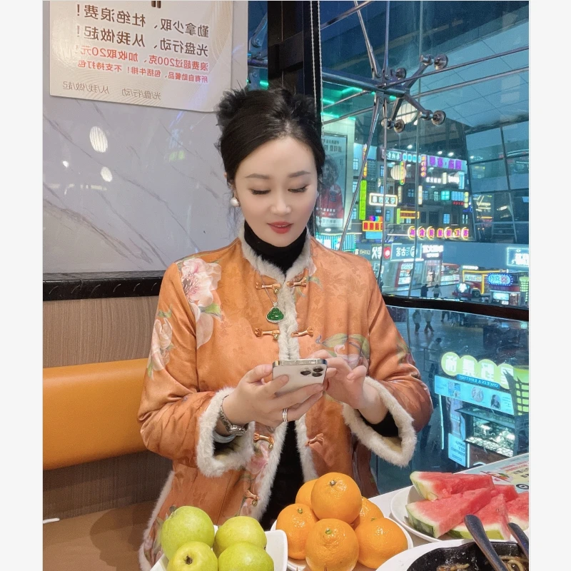 时弟新中式国风冬季新款加厚外套花色显瘦民族风毛条包边棉衣