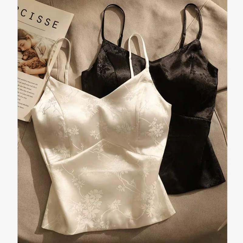 时弟冰凉百搭亲肤冰丝细肩带吊带美背外穿内搭白色夏季自带胸垫