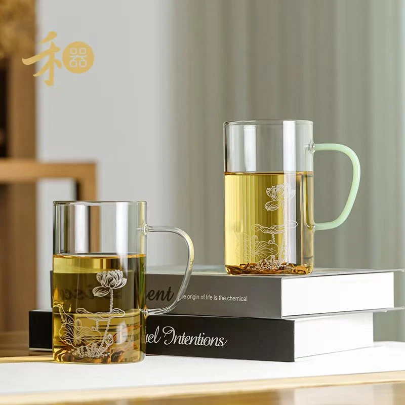 禾器玻璃杯带把手清简杯贴花办公室泡茶杯个人专用绿茶杯喝水杯子