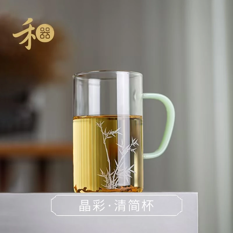禾器玻璃杯带把手清简杯贴花款泡茶杯个人专用绿茶杯喝水杯子