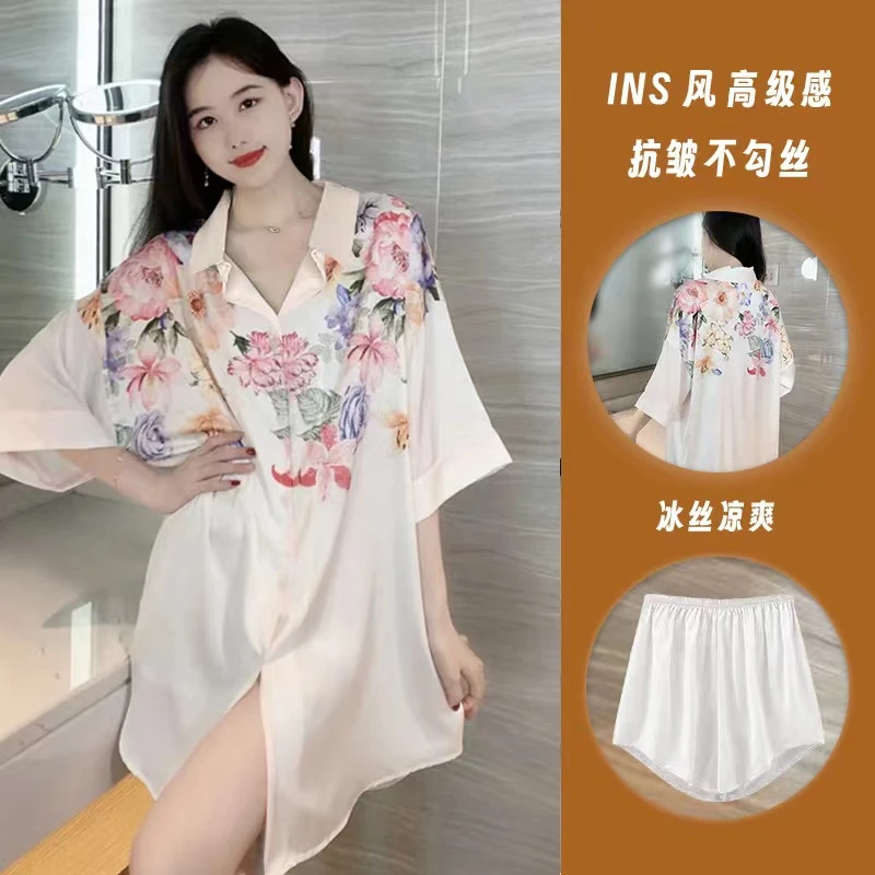 网红夏季新款短袖冰丝睡裙女宽松大码衬衫过膝睡衣女可外穿家居服