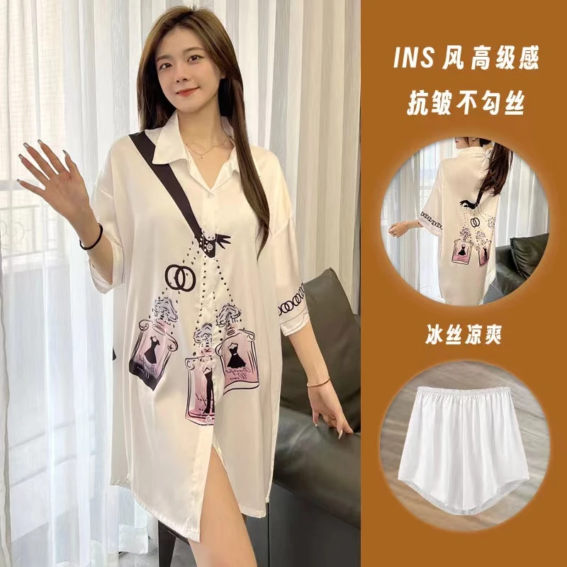 网红冰丝睡裙女夏季短袖高级感卡通法式大码可外穿衬衫睡衣裙套装