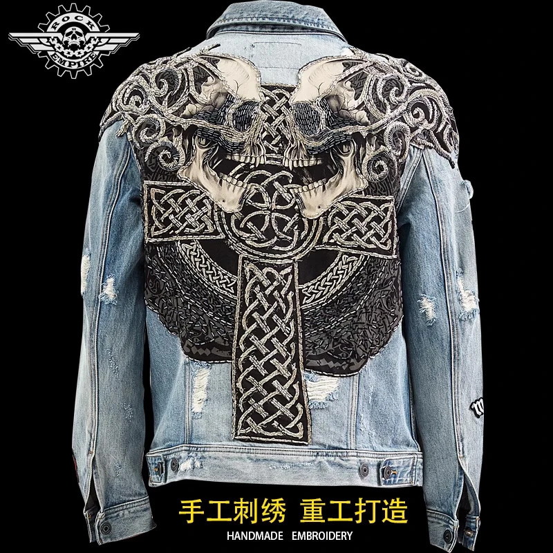 摇滚帝国重工刺绣 十字骷髅牛仔外套 破洞潮牌上衣 2024新款时尚