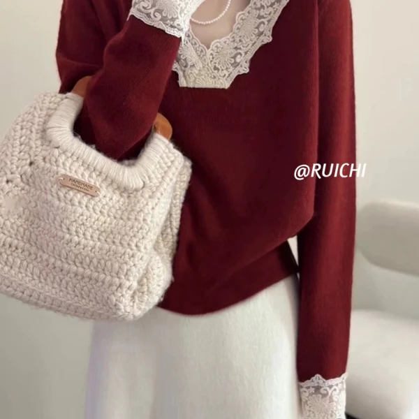 法式高级感蕾丝拼接2025春季新款V领套头宽松毛衣针织衫长袖女