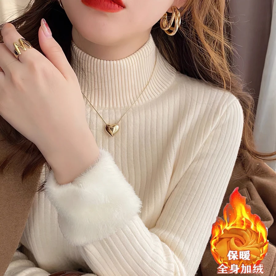 2023秋冬新款加绒毛衣女冬加厚一体绒内搭半高领打底衫高级感上衣