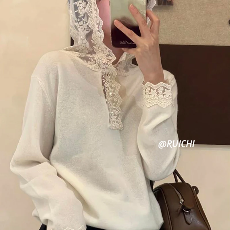 慵懒风蕾丝连帽2025春季新款小众设计感拼接百搭套头毛衣针织衫女