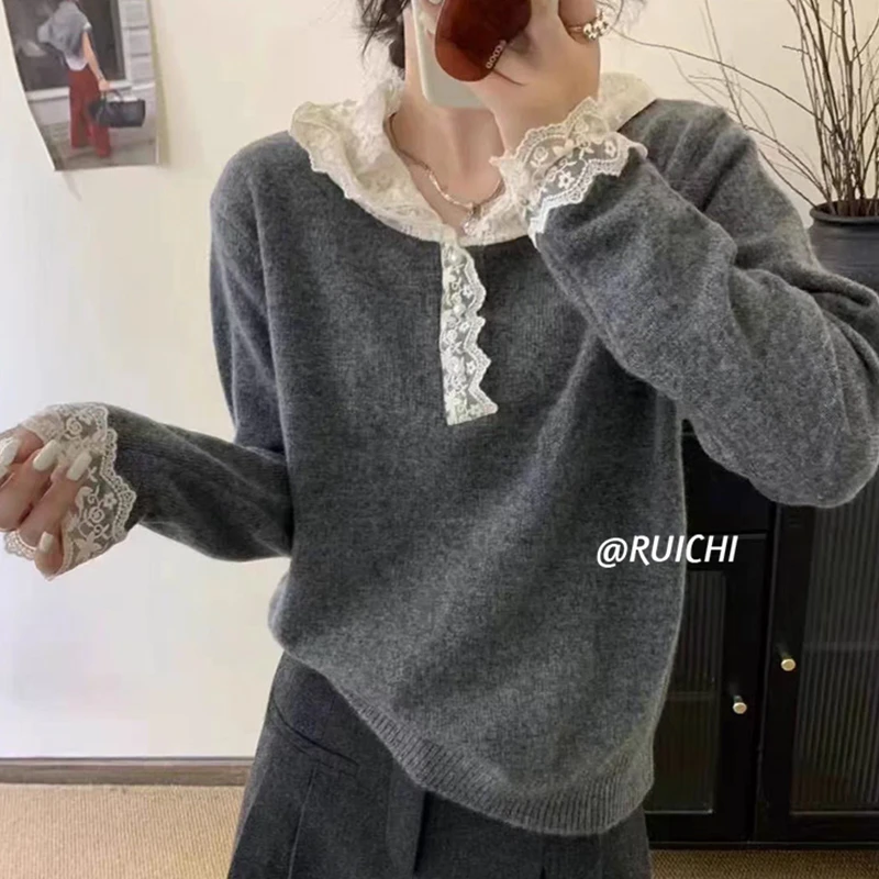 慵懒风高级感蕾丝拼接连帽2025春季新款宽松小众套头毛衣针织衫女