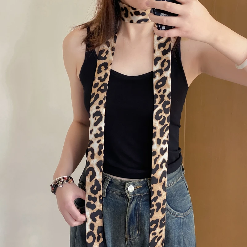 豹纹辣妹高级复古细窄长条围脖女发带丝巾绑发时尚千禧年领巾腰带