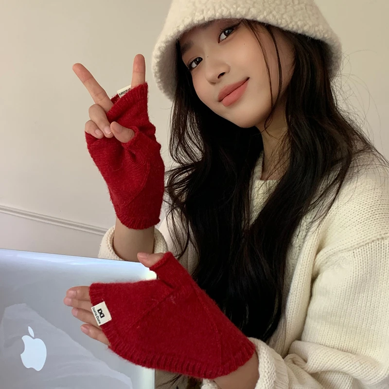ins风少女半指贝壳手套纯色韩国秋冬保暖仿羊绒针织露指办公写字