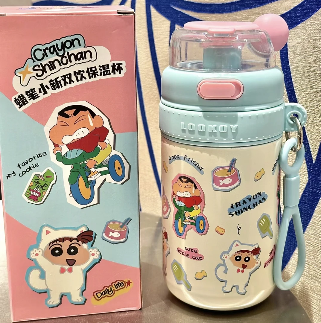 蜡笔小新保温杯女生2024新款防摔便携吸管杯学生上学专用双饮杯子