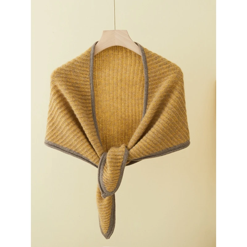 软糯纯山羊绒三角巾女花纱针织围脖保暖披肩秋冬包边时尚气质围巾