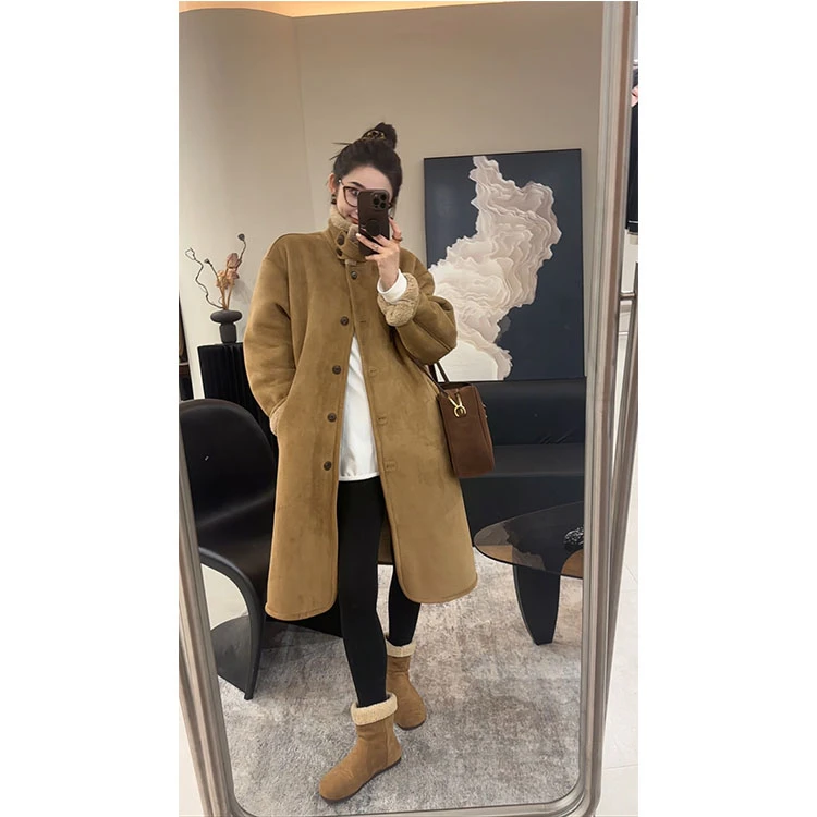 ZX591韩版中长款皮毛一体立领外套女冬装女装加厚大衣潮