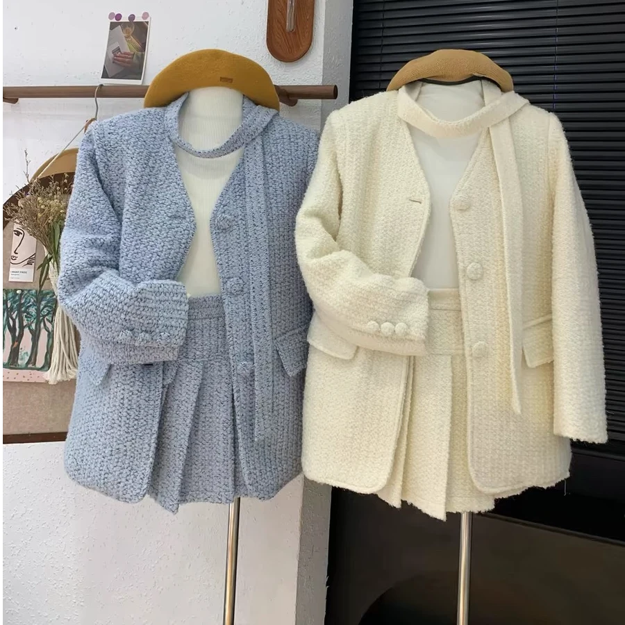 ZX6027时尚粗花呢夹棉短外套女2024秋冬新款时尚气质飘带上衣