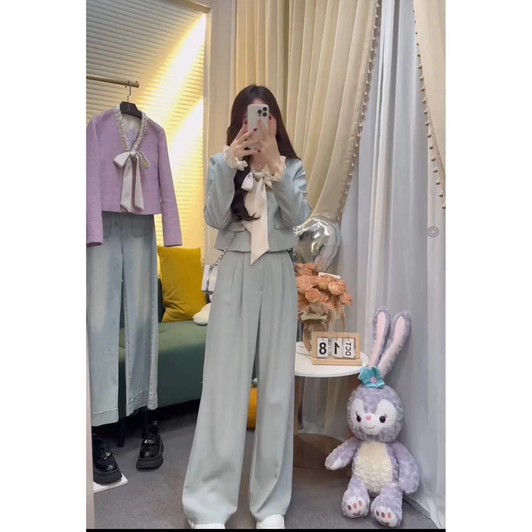 ZX416法式V领蝴蝶结短款西装外套阔腿裤两件套女早秋新款时尚套装