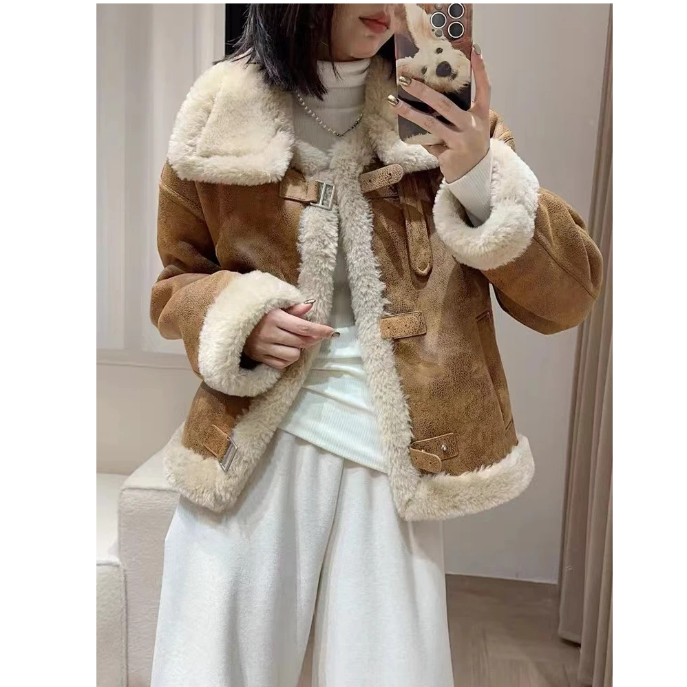 ZX9989麂皮绒毛外套女2024冬装皮毛一体机车加厚仿兔绒夹克