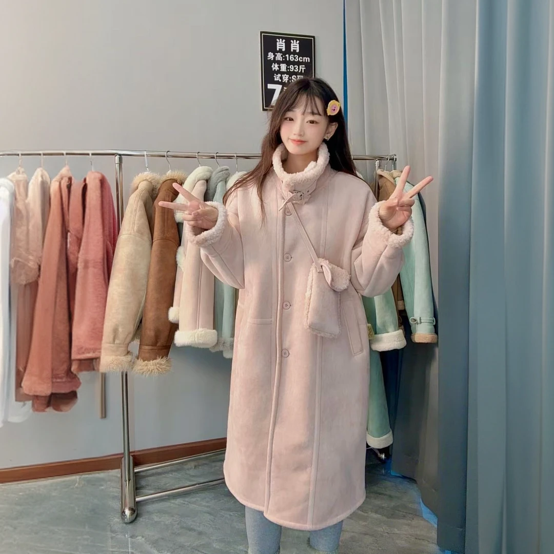 ZX6012冬新款过膝长款皮毛一体保暖大衣通勤百搭