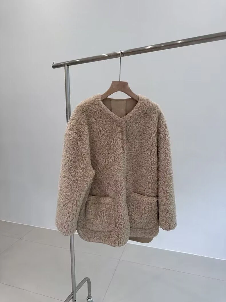 现货圆领韩加厚环保毛绒羊羔绒加厚保暖抗风宽松皮毛一体外套开衫