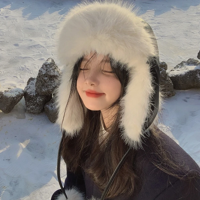 东北帽子女冬季pu皮加厚毛绒绒护耳骑车包头滑雪帽皮草雷锋帽潮
