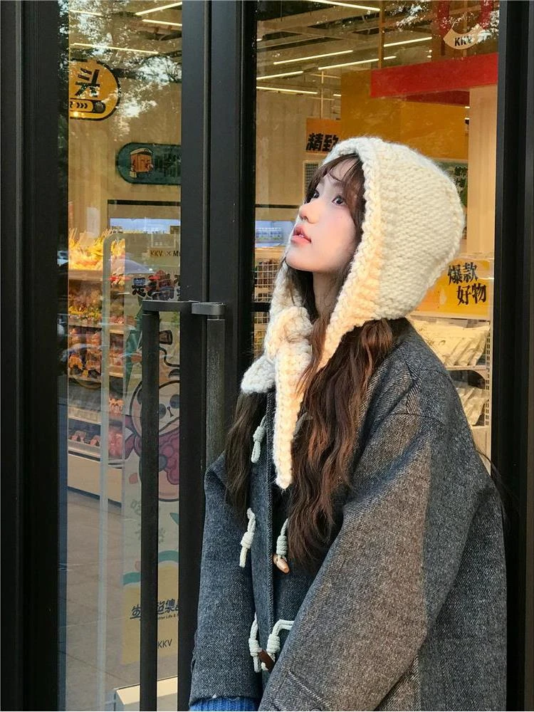 粗针织韩系巴拉克拉法帽手工编织小众设计休闲百搭保暖帽子毛绒女