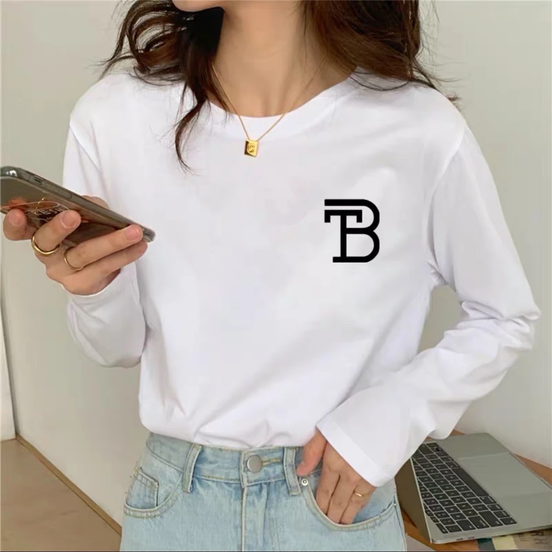 【简约B字母】重磅纯棉休闲长袖T恤韩版纯色ins印花春季圆领白色