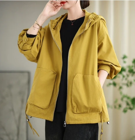 新品休闲大码长袖冲锋衣女简约宽松口袋外套