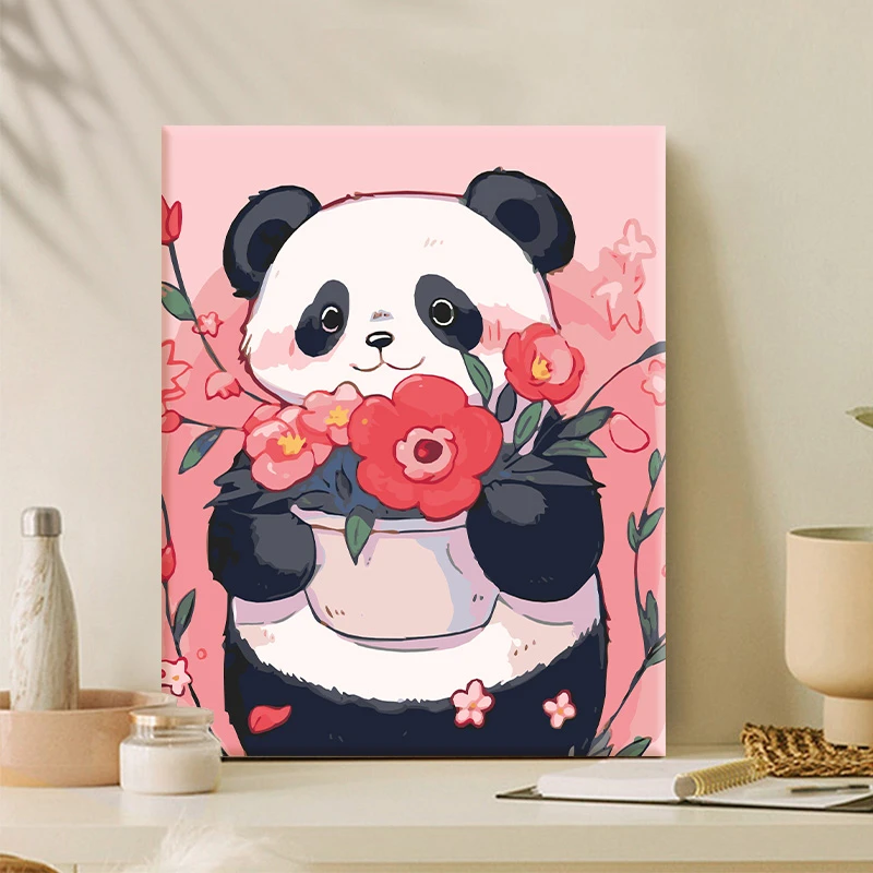 熊猫花卉diy数字油画手工手绘高级感卡通可爱丙烯画装饰画水彩画