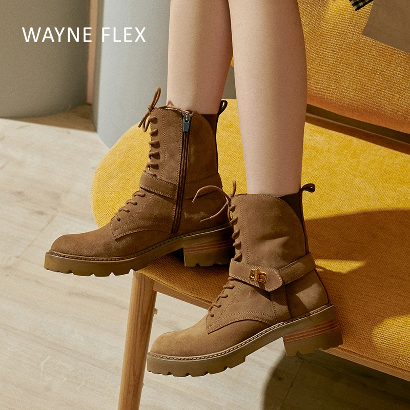 韦恩Wayneflex英伦风马丁靴女圆头厚底粗跟中筒时尚气质短靴6141