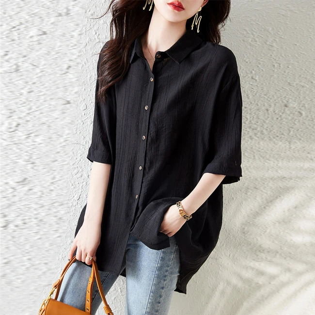 短袖衬衫女大码百搭设计感中长款衬衣2024年夏款宽松休闲时尚上衣
