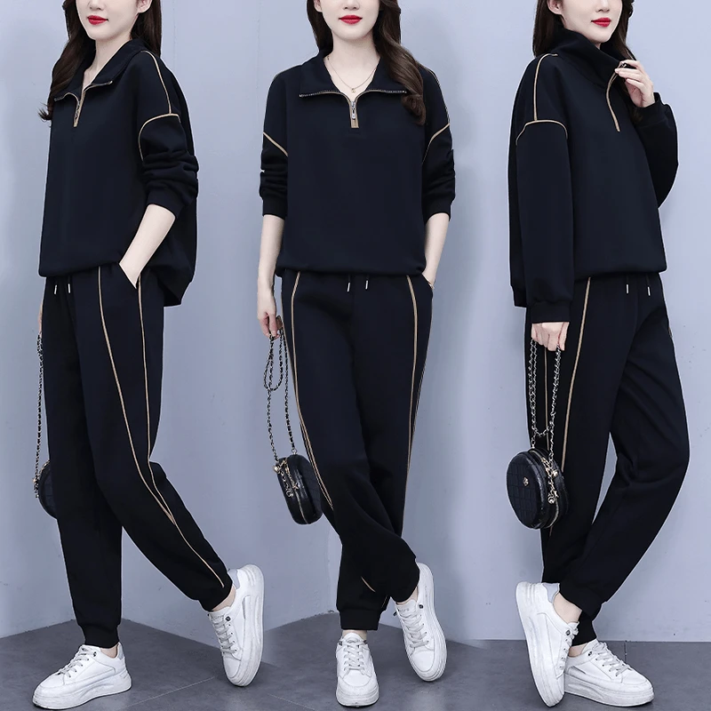 大码休闲运动套装2025春季新款时尚洋气遮肚显瘦时尚卫衣两件套