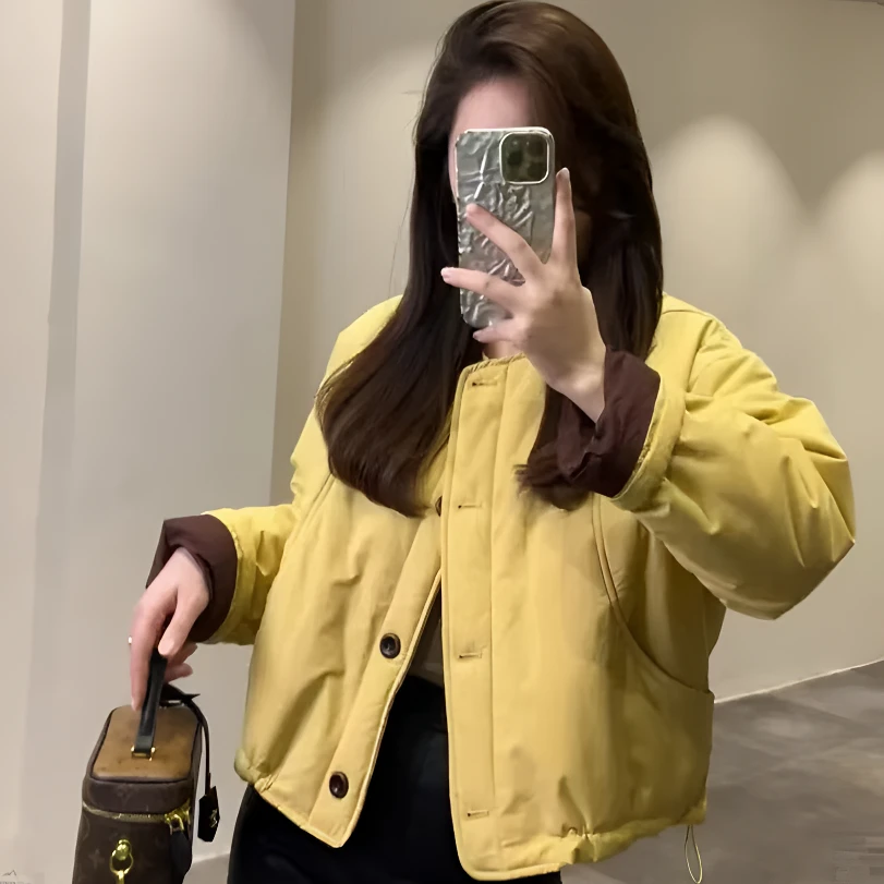 “盐系棉服”糖果色系2024冬季休闲宽松圆领单排扣袖口撞色设计外套