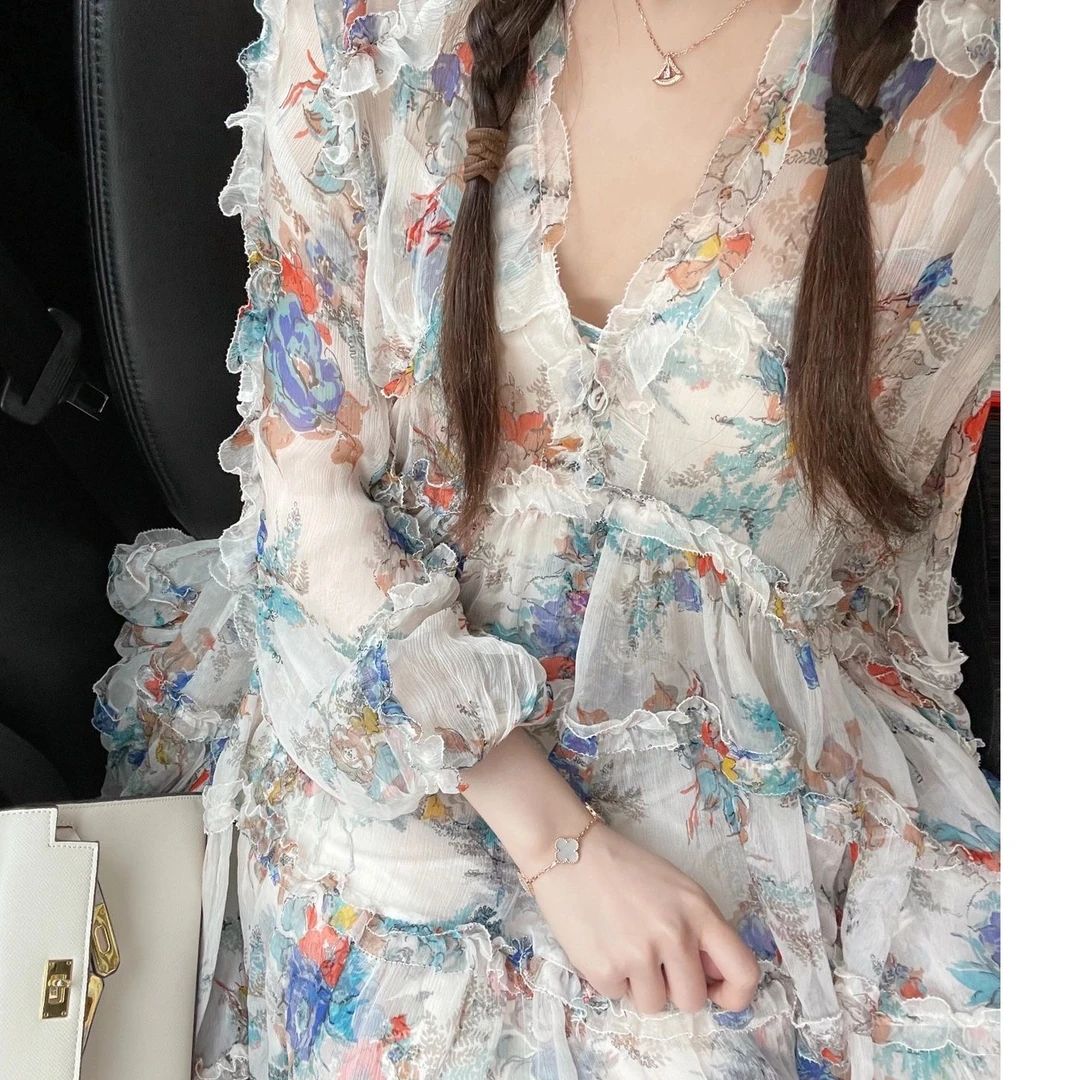 【娜娜同款】 花城秘境轻奢高端木耳边连衣裙 重工设计感法式印