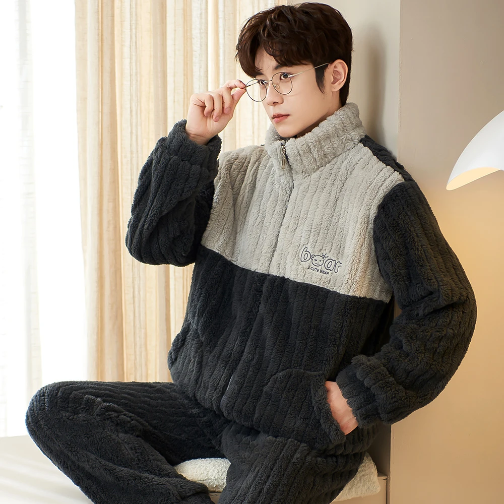 睡衣男秋冬天季加厚法兰绒套装珊瑚绒家居服加绒拉链大码保暖冬装