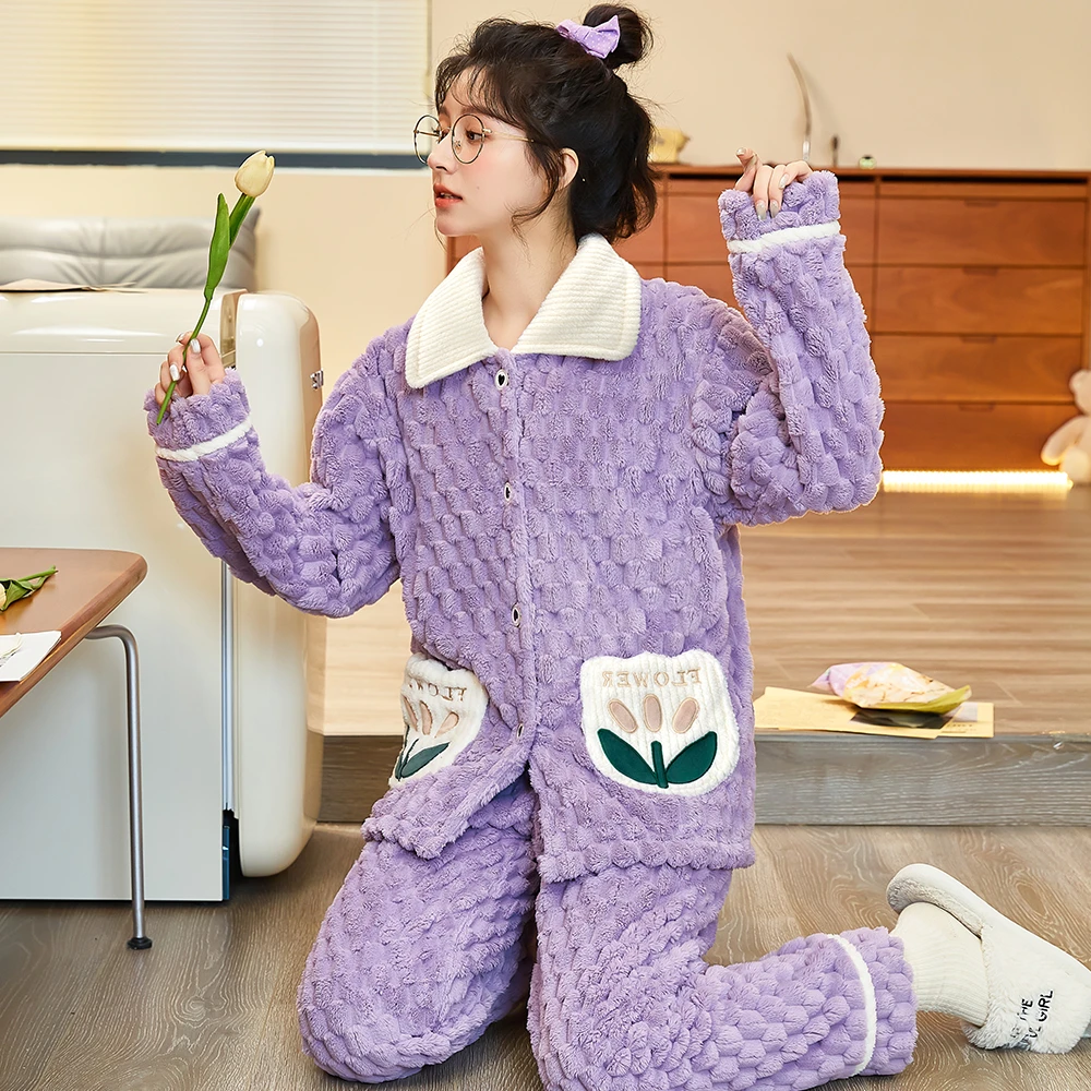 睡衣女秋冬家可外穿居服保暖法兰绒加绒加厚款大码冬款珊瑚绒套装