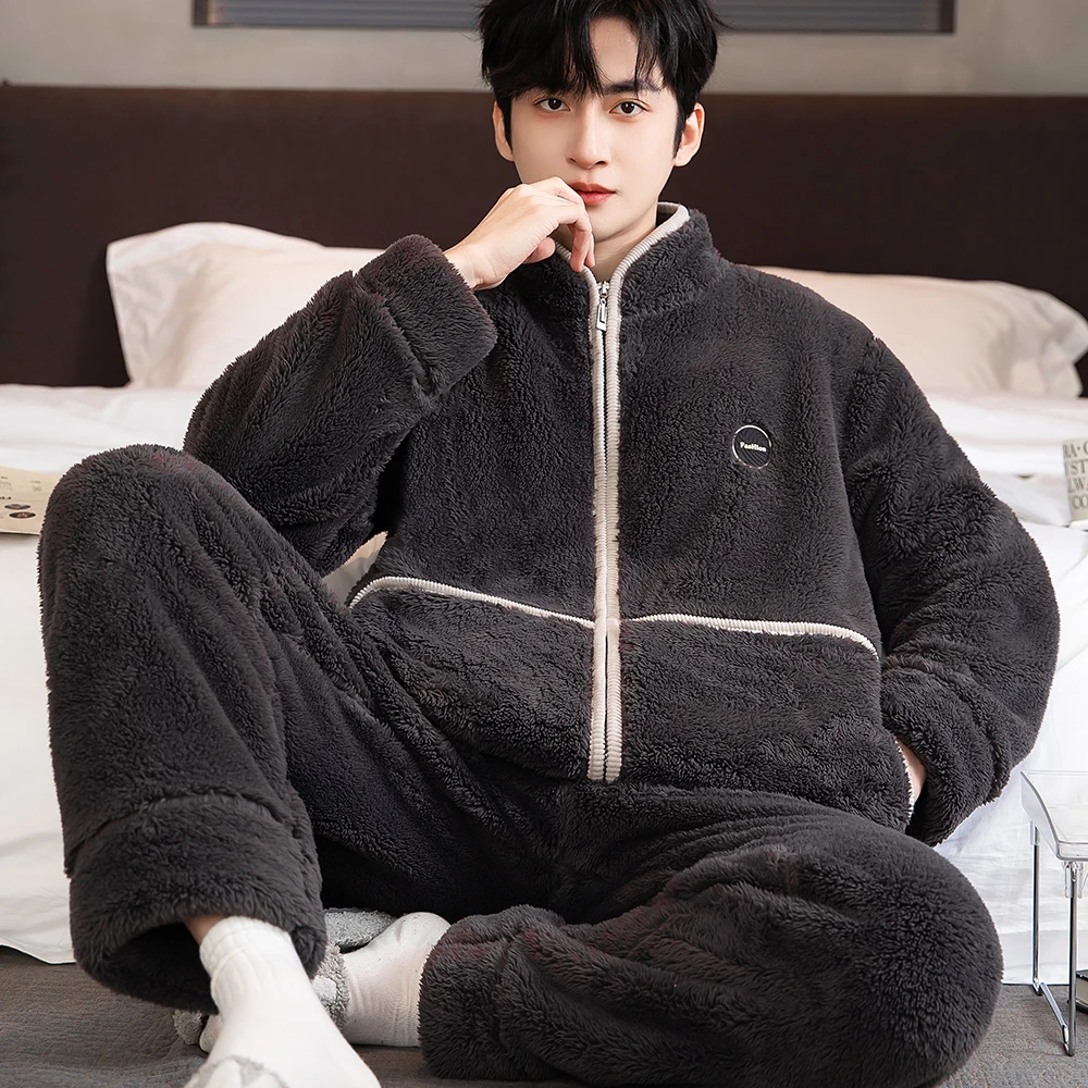 睡衣男秋冬加厚加绒法兰绒套装珊瑚绒家居服开衫拉链大码保暖冬装