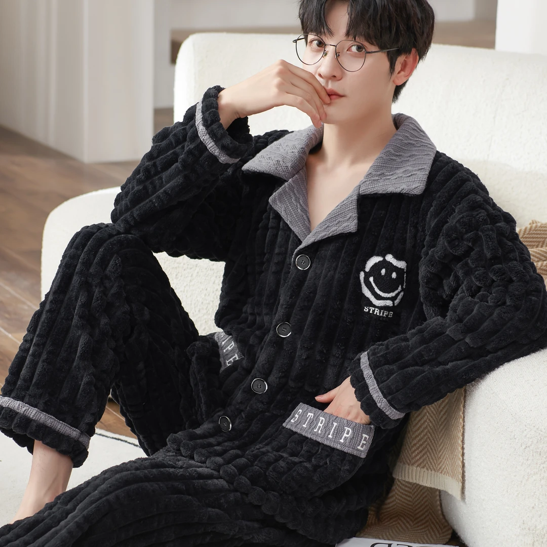 2024睡衣男秋冬季加厚法兰绒套装珊瑚家居服加绒开衫保暖男士青年