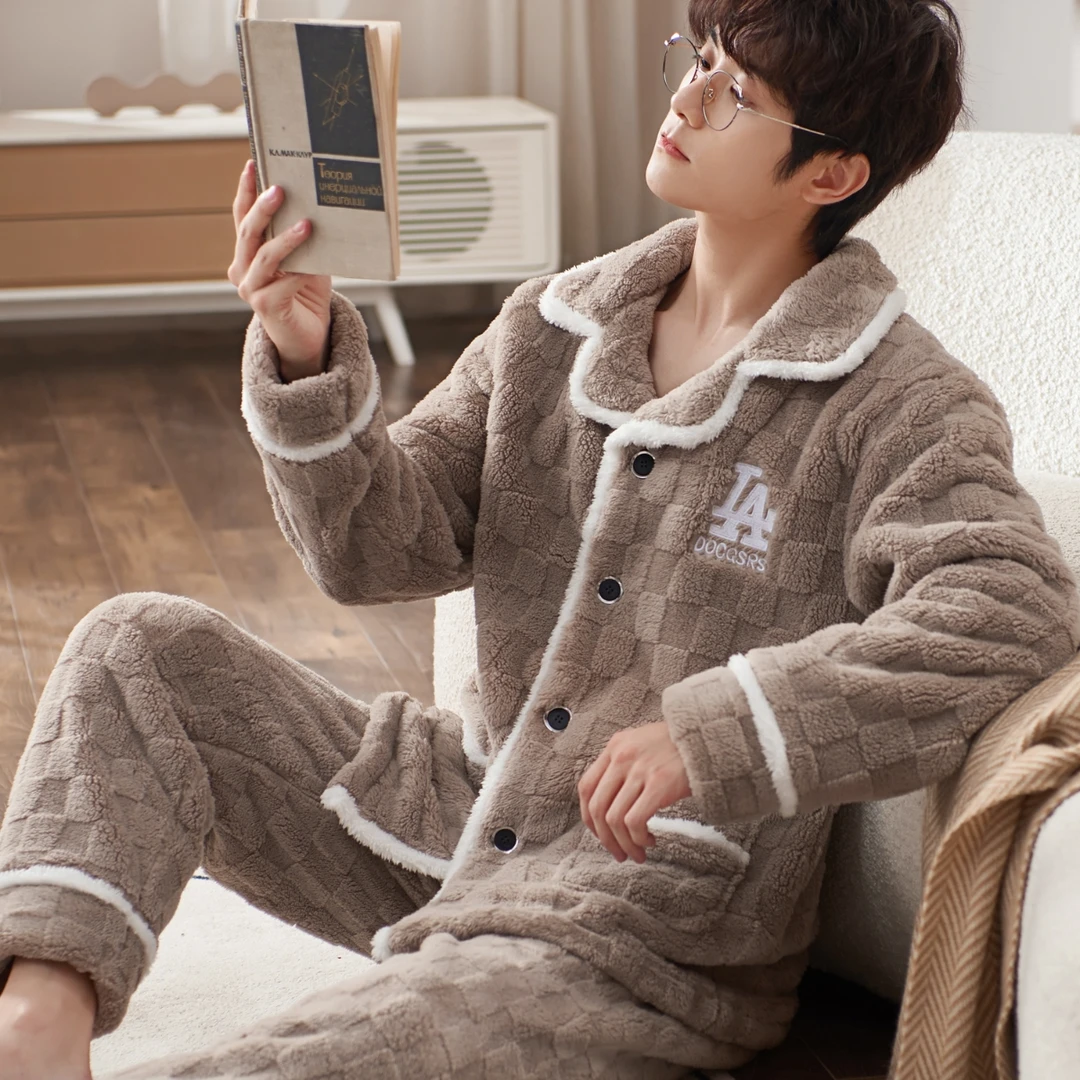 2023睡衣男士秋冬款珊瑚绒加厚加绒保暖法兰绒家居服冬季大码套装